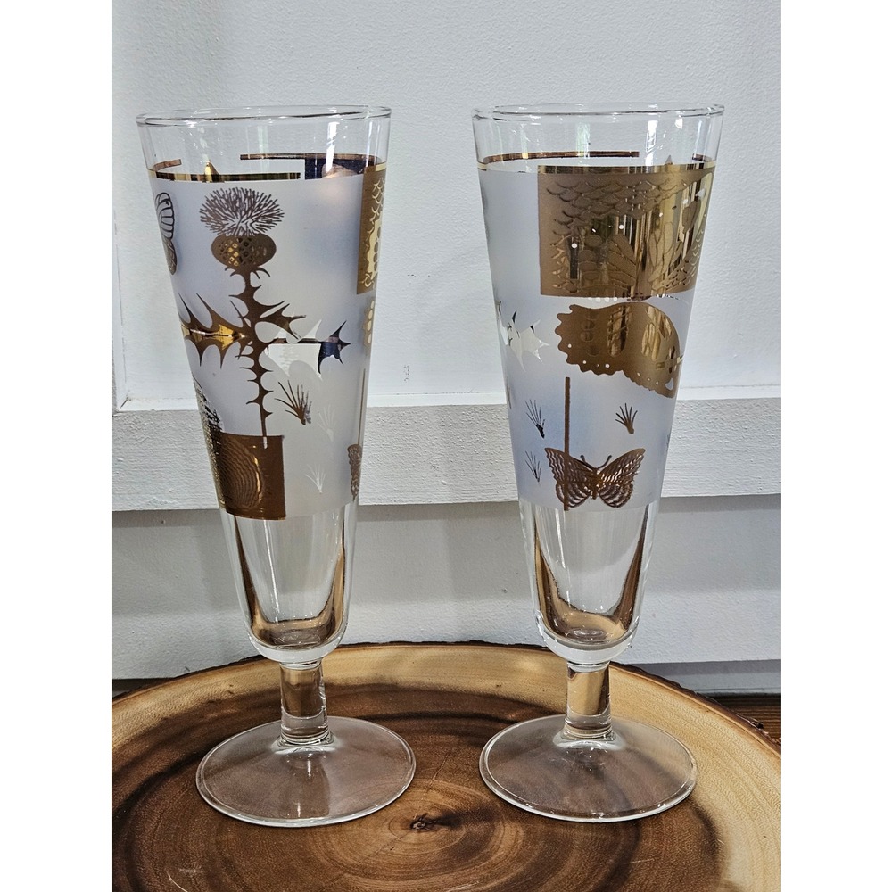 VTG MCM 22 KT Gold Butterfly Thistle Frosted Fred Press Champagne Set of 2 - Picture 4 of 8